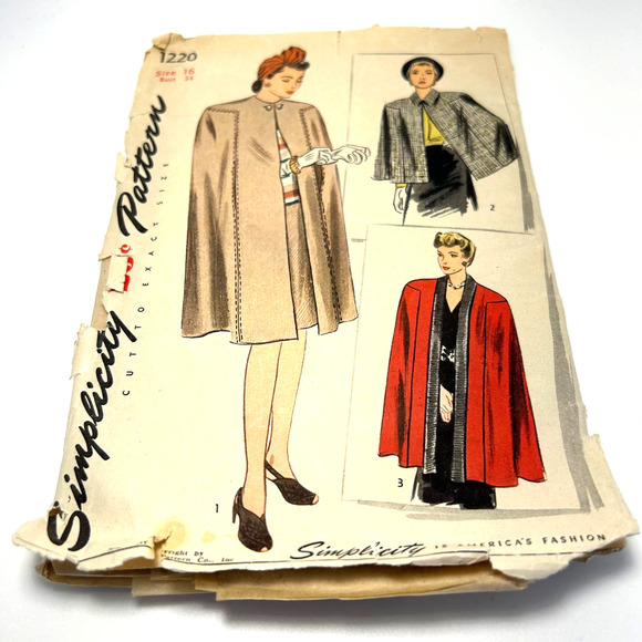 Simplicity Vintage 1944 Pattern #1220 Women's Cape Size 16 HTF - Picture 1 of 9